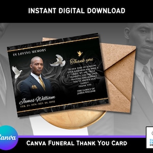May include: A digital Canva funeral thank you card with a photo of James William, dates, and a thank you message. The card is black with gold accents, doves, and roses. The words "Instant Digital Download" are at the top.