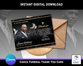 Modelo de cartão de agradecimento para funeral com rosas pretas e douradas | Cartão memorial editável do Canva | Cartão de agradecimento com foto para impressão