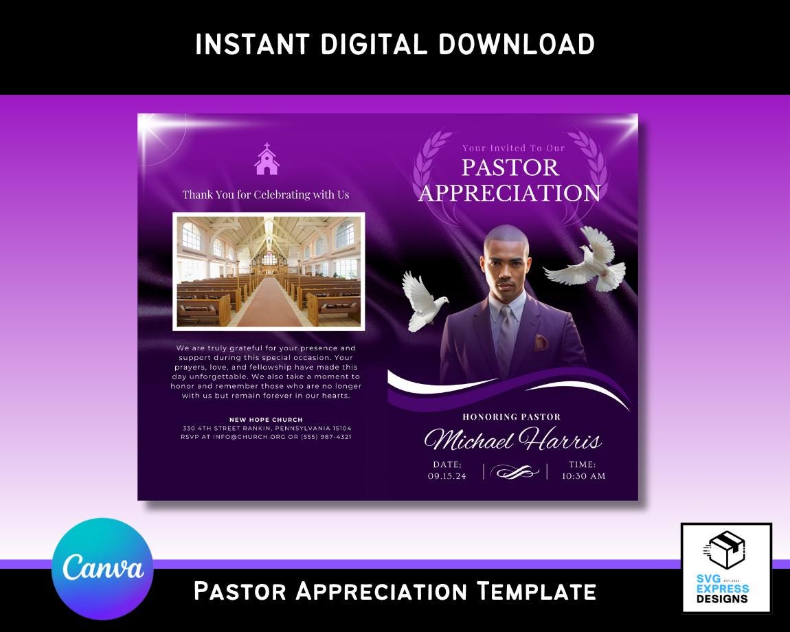 Church Appreciation Program Pastor Appreciation Program Canva Template: Purple Church Design ...