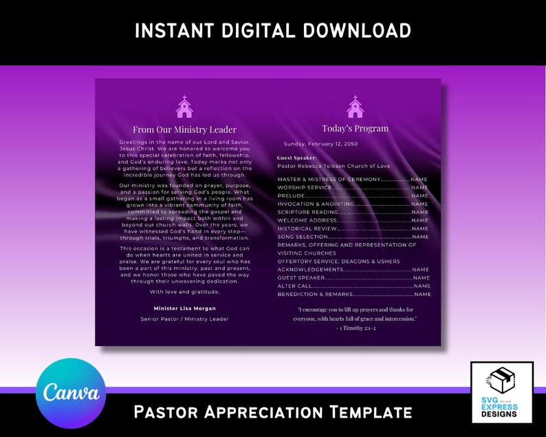 Church Appreciation Program Pastor Appreciation Program Canva Template: Purple Church Design ...