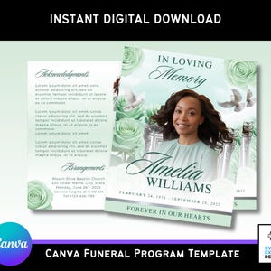 May include: A digital download template for a funeral program. The design features a photo of Amelia Williams, with text that reads "In Loving Memory" and "Forever in Our Hearts." The program includes floral and dove graphics.