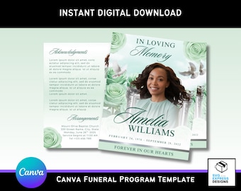 Elegant Mint Green and Silver Roses Funeral Program Template: Bi-Fold Memorial Design (Digital Download)