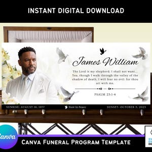 White and Black Roses Funeral Casket Panel Canva Template | 31x14 in Editable Memorial Insert | Celebration of Life Design