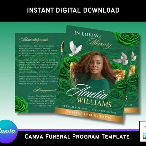 Pode incluir: Modelo digital de programa fúnebre em verde e dourado. O design apresenta uma foto de uma mulher, pombas brancas e rosas verdes. O texto inclui "In Loving Memory" e "Forever in Our Hearts".