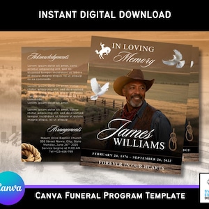 Op de afbeelding: Een digitale sjabloon voor een begrafenisprogramma met een foto van een man met een cowboyhoed. Het programma bevat de tekst "In Loving Memory" en "Forever in Our Hearts". De sjabloon is ontworpen in Canva.