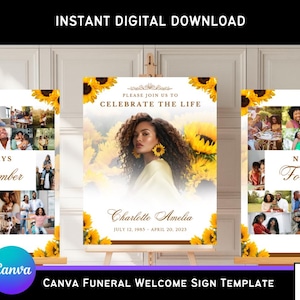Modello di cartello di benvenuto funebre con girasole giallo per Canva – Elegante poster per esposizione di foto commemorative/celebrazione della vita (16 x 20 pollici - 24 x 36 pollici)