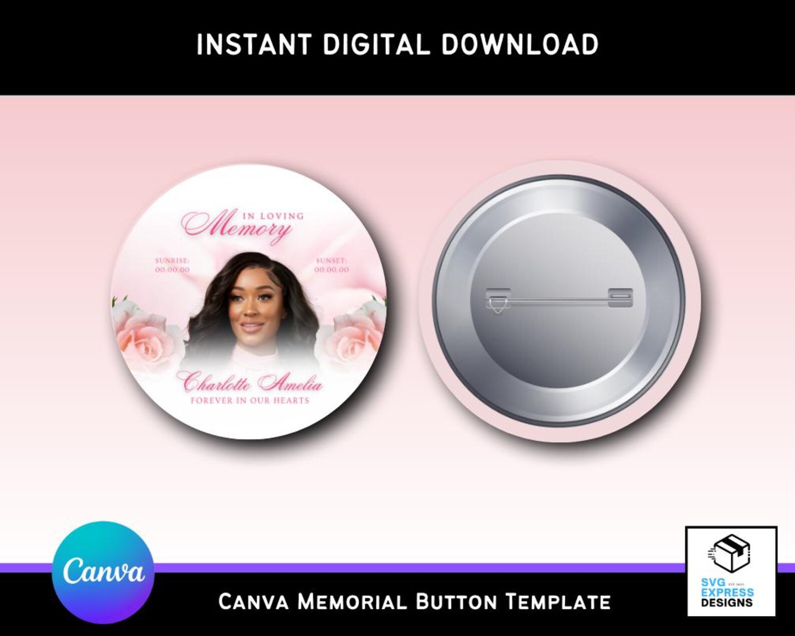 Pink Rip Button Backdrop Editable Pink Roses Memorial Button Template | Canva RIP Keepsake | 3x3 ...