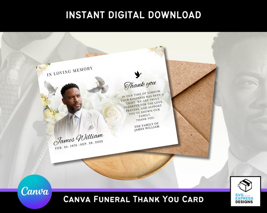 White and Black Roses Funeral Thank You Card Template | Editable Canva ...