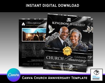 Church Anniversary Program Template: Black & Silver Marble 17x11 Bifold Bulletin (Digital Download, Canva Editable)