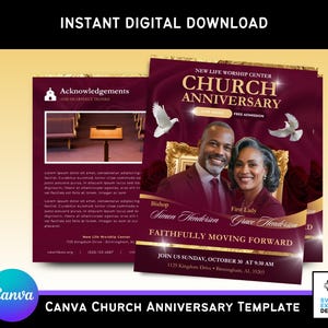 May include: A digital download template for a church anniversary event. The design features a burgundy and gold color scheme with images of doves and a couple. Text includes "Church Anniversary" and "Faithfully Moving Forward."