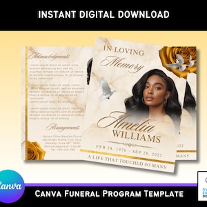 May include: A digital download funeral program template. The design features a portrait of Amelia Williams, with the dates Feb 24, 1976 - Sep 28, 2022. The program includes text that reads "In Loving Memory" and "A Life That Touched So Many."