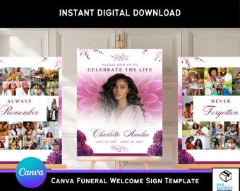 Sjabloon elegante begrafeniswelkomstbord: pruim dahlia fotomonument (canva, 16 x 20-24 x 36 inch, digitale download)