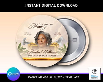 Editable Cream & Gold Memorial Button Template | Canva RIP Keepsake | 3x3 Digital Funeral Button Design