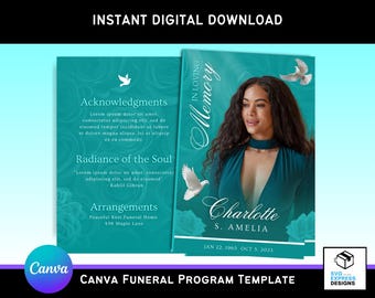 Teal Green Canva Funeral Program Template – Elegant Bi-Fold Brochure (11x8.5 in) with Teal Green Roses