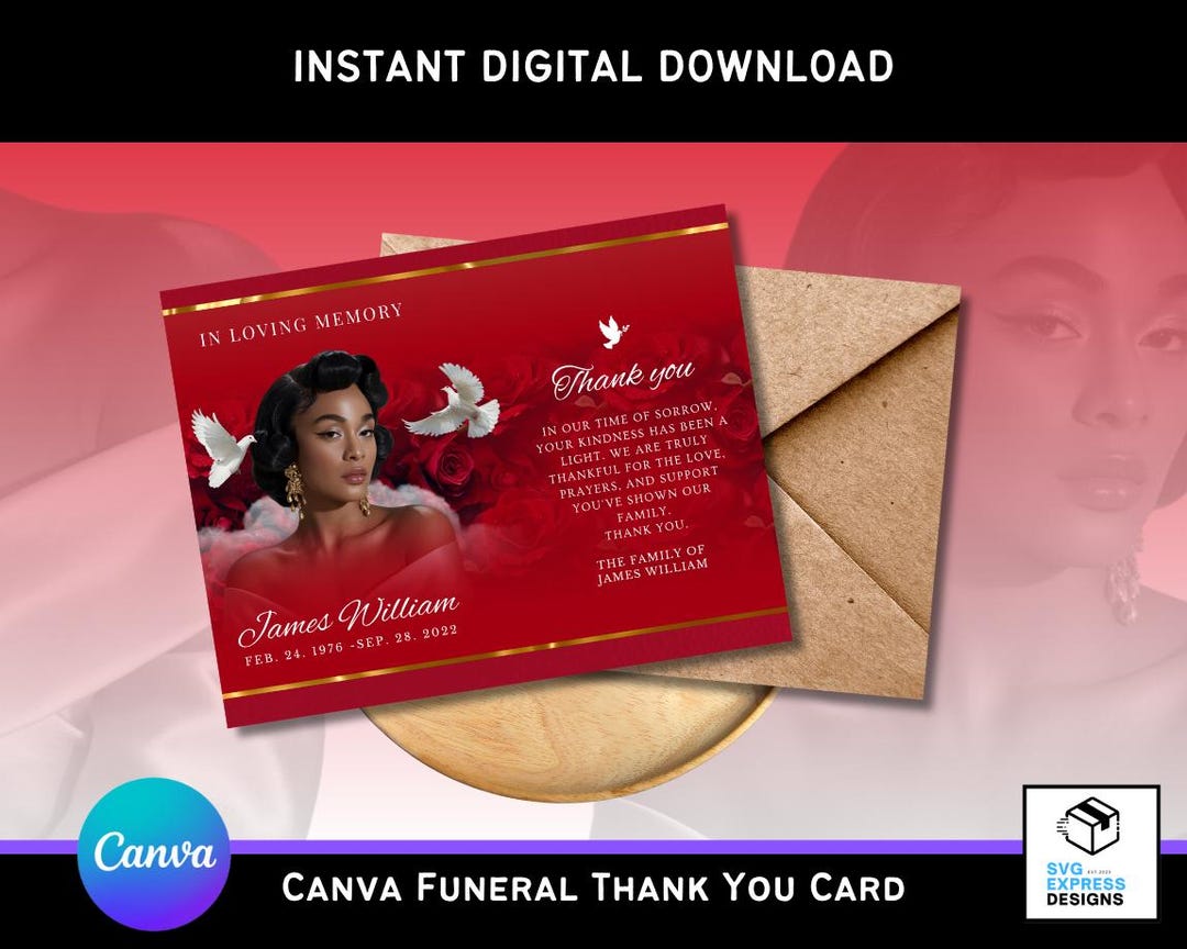 Red & Gold Funeral Thank You Card Template (editable Canva) - Etsy