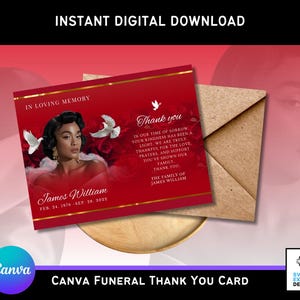 Plantilla de tarjeta de agradecimiento funeraria roja y dorada / Tarjeta conmemorativa editable en Canva / Tarjeta fotográfica de agradecimiento imprimible