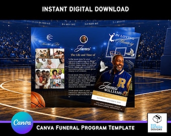 Sjabloon voor uitvaartprogramma Basketball Tribute: elegante driebladige brochure (canva, 11 x 8,5 inch) (digitale download)