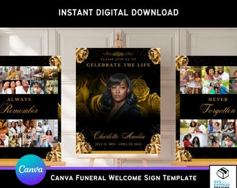 Plantilla de cartel de bienvenida para funeral con rosas negras y doradas elegantes (editable en lienzo)