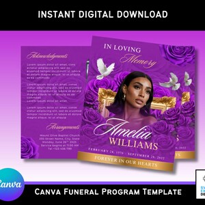 May include: A digital funeral program template with a purple and gold color scheme. The design includes a portrait of a woman, roses, doves, and the text "In Loving Memory" and "Forever in Our Hearts". The template is available for instant download.