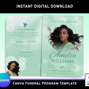 May include: A Canva funeral program template with a soft green and white color scheme. The design includes a portrait of a woman, doves, and the text "In Loving Memory" and "Amelia Williams". The template also includes the text "Instant Digital Download".