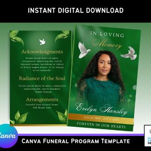 Green & Gold Canva Funeral Program Template – Elegant Bi-Fold Brochure (11x8.5 in) with Green Leafs