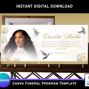 Plantilla de Canva para panel de ataúd funerario con rosas blancas / Inserto conmemorativo editable de 31 x 14 pulgadas / Diseño de celebración de la vida