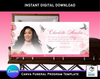 Pink Roses Funeral Casket Panel Canva Template | 31x14 in Editable Memorial Insert | Celebration of Life Design