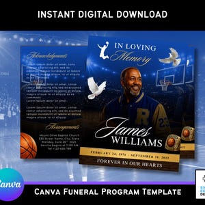 May include: A digital Canva funeral program template with a basketball theme. The design features a portrait of James Williams, basketball imagery, and the text "In Loving Memory". Includes the text "Instant Digital Download".