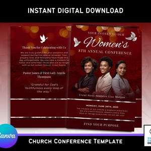 Può includere: Modello digitale per una conferenza della chiesa, con un design bordeaux con testo bianco e illustrazioni di colombe. Il testo annuncia la "8a Conferenza Annuale delle Donne" con i dettagli dell'evento, inclusa la data e il luogo.
