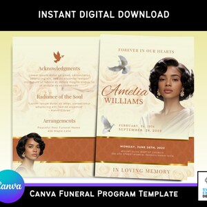 Könnte beinhalten: Eine digitale Trauerprogrammvorlage mit floralem Hintergrund und einem Porträt einer Frau. Das Programm enthält den Text "Forever in Our Hearts", den Namen "Amelia Williams" und Daten. Die Canva-Vorlage enthält auch den Text "Instant Digital Download".