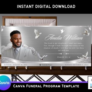 Silver Gray Metallic Funeral Casket Panel Canva Template | 31x14 in Editable Memorial Insert | Celebration of Life Design