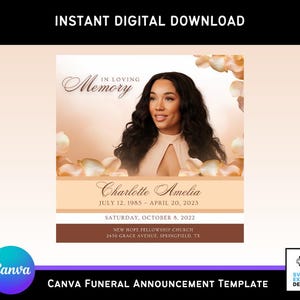 Anuncio e invitación para funeral en color melocotón claro / Volante conmemorativo digital, obituario, celebración de la vida / Plantilla de Canva