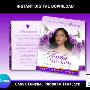 Può includere: Modello digitale per programma funebre con ritratto di Amelia Williams, rose viola e colombe. Il design include il testo "In Loving Memory" e "A Life That Touched So Many". Download digitale immediato.