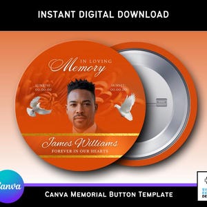 Plantilla editable de botón conmemorativo naranja quemado / Canva RIP Keepsake / Diseño de botón funerario digital 3x3