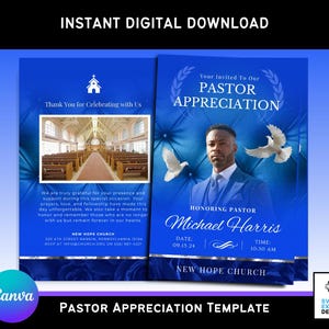 Pastor Appreciation Program Canva Template | Editable Blue & Silver Church Program | Printable 3-Page Template (8.5 x 11)