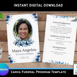 Modèle de programme de funérailles roses bleues aquarelle - Brochure 3 volets x 8,5 po. - Canva Design