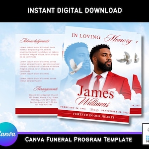May include: A funeral programme template featuring a portrait of a man in a red suit and tie, white doves, and clouds. Text includes IN LOVING MEMORY, James Williams, February 24, 1976, September 28, 2022, FOREVER IN OUR HEARTS, and placeholder text.