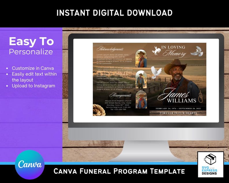 Western Tribute Memorial Funeral Program Template | Editable Angler ...