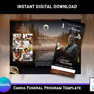 May include: A digital Canva funeral program template. The design features a man holding doves, with text reading "In Loving Memory" and "James Williams." The template includes family photos and the text "Instant Digital Download."