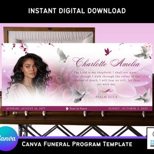 Può includere: Un modello digitale per programma funebre con la scritta "Download digitale istantaneo". Il design presenta un ritratto di donna, colombe ed elementi floreali. Il programma include il nome "Charlotte Amelia" e il testo "Salmo 23:1-4".