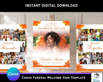 Orange Fall Funeral Welcome Sign Template: Photo Display (Canva, Digital Download)