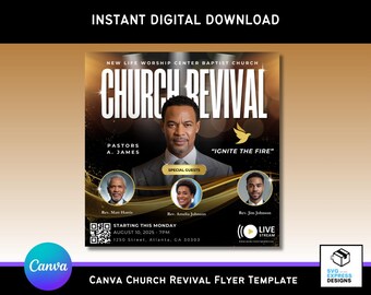 Gold & Black Church Revival Flyer Template: Editable Canva Design (Digital Download)