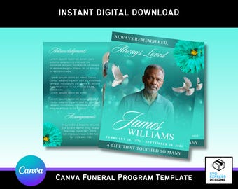 Elegant Turquoise Floral Funeral Program Template: Bi-Fold Memorial (Canva Editable) (Digital Download)
