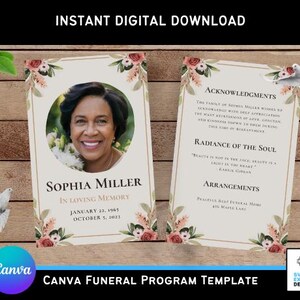 Modèle de programme de funérailles Canva - Brochure classique beige et rose 3 volets x 8,5 po. - Motif floral