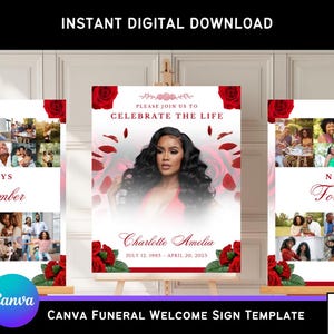 Puede incluir: Una plantilla de letrero de bienvenida para un funeral con el texto "Únase a nosotros para celebrar la vida" y "Charlotte Amelia, 12 de julio de 1985 - 20 de abril de 2023". El diseño incluye rosas rojas y un collage de fotos. También están presentes las palabras "Siempre recordar" y "Nunca olvidado".