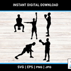May include: Silhouettes of four people performing kettlebell exercises. The people are in various poses, including a squat, a swing, and a clean. The image is set against a woodgrain background.
