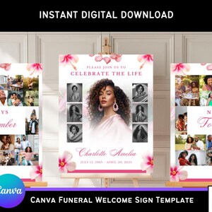 May include: A digital download template for a funeral welcome sign. The design features a central portrait surrounded by family photos, with text that reads "Always Remember" and "Never Forgotten." Pink floral accents and the name "Charlotte Amelia" are also included.