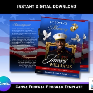 Könnte beinhalten: Digitales Trauerprogramm-Template mit patriotischem Thema. Das Design zeigt ein Porträt eines Mannes in Militäruniform, den Text "In Loving Memory" und den Namen "James Williams". Der Hintergrund umfasst die amerikanische Flagge und weiße Tauben.