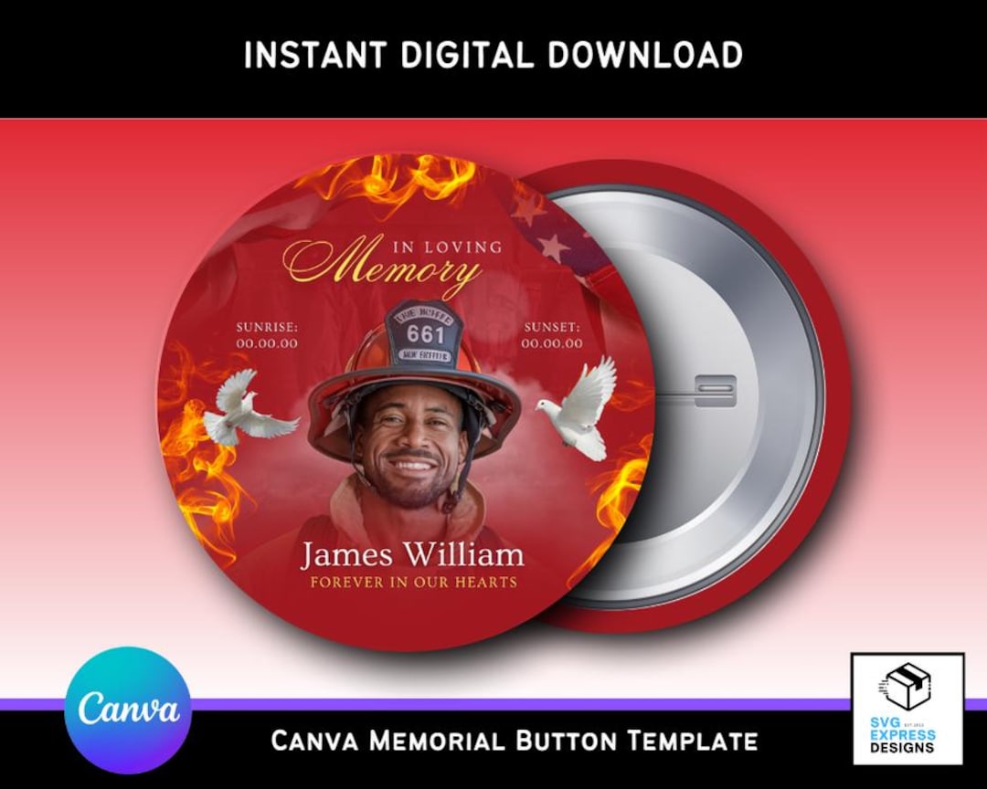 Editable Firefighter Farewell Red Memorial Button Template | Canva RIP ...