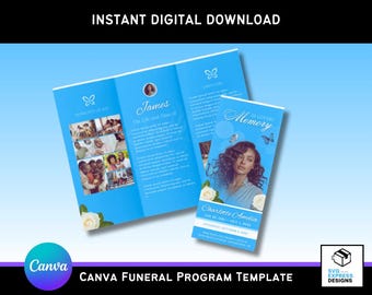 Powder Blue Canva Funeral Program Template  – Elegant Trifold Brochure (11x8.5 in) with Roses